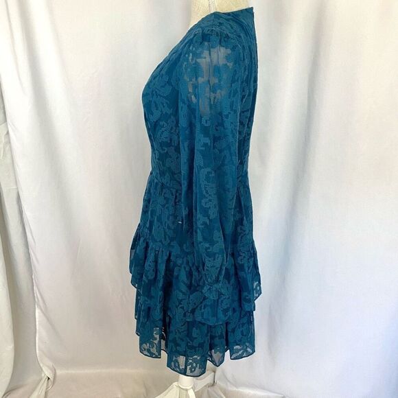 Eliza J Floral Lace Long Sleeve Tiered Mini Dress Teal Blue Ruffles Women 8 New - Picture 2 of 10